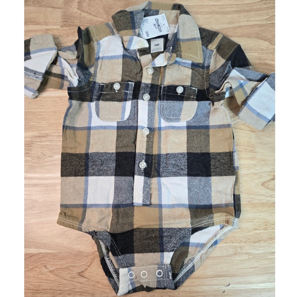 OshKosh B'gosh Baby Boy Plaid Flannel Bodysuit Tan Navy White 18M NWT